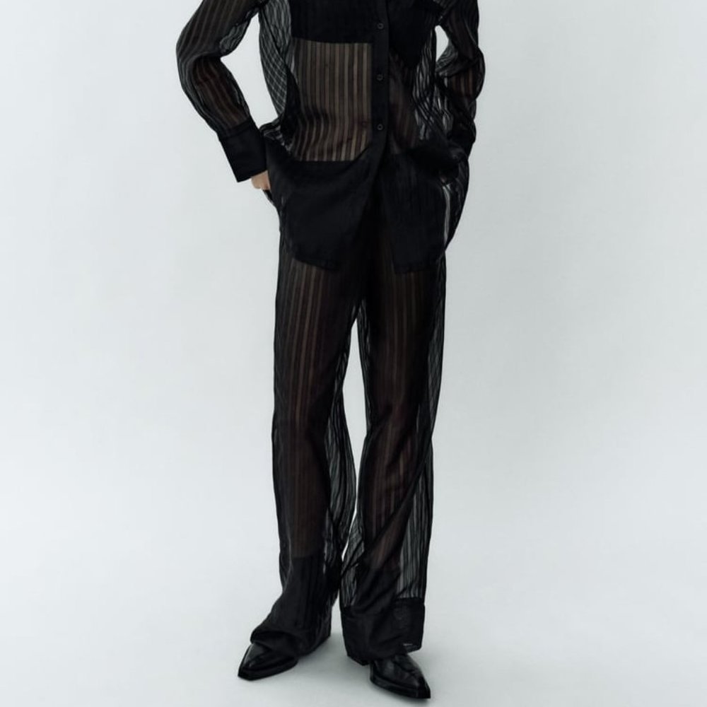 NWT BLACK SEMI SHEER STRIPED ORGANZA PANTS